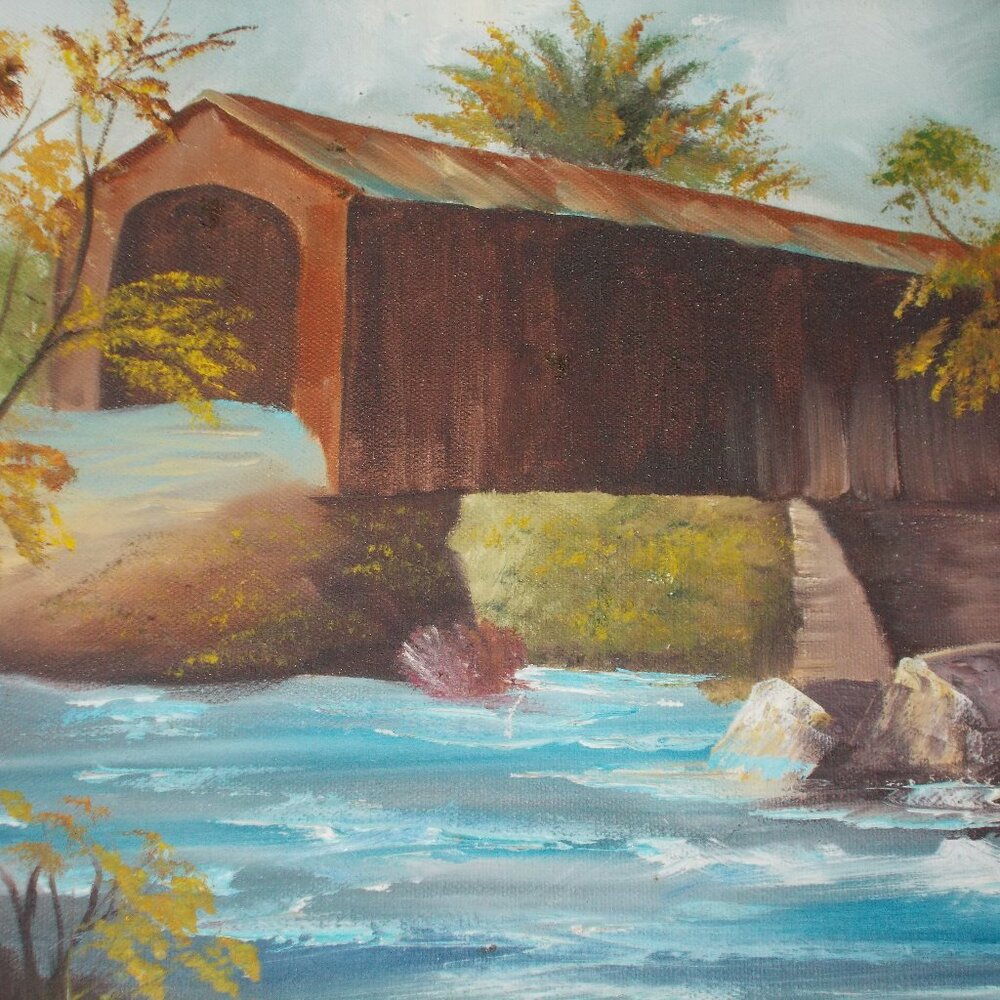Vintage "Bridge Over Water" oil painting 12"x16"x0.5", not signed